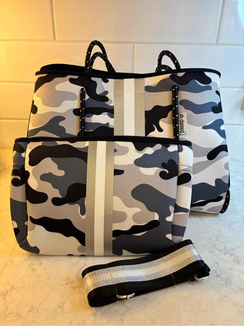 Ahdorned Gray Black CamoNeoprene Tote & Crossbody w Removable Strap -